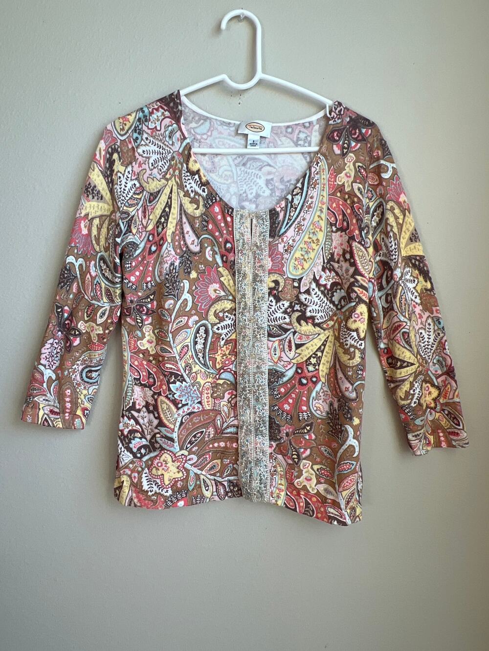 Talbots Small Paisley Pink Yellow Brown Bejeweled 3/4 Sleeve Button Cardigan